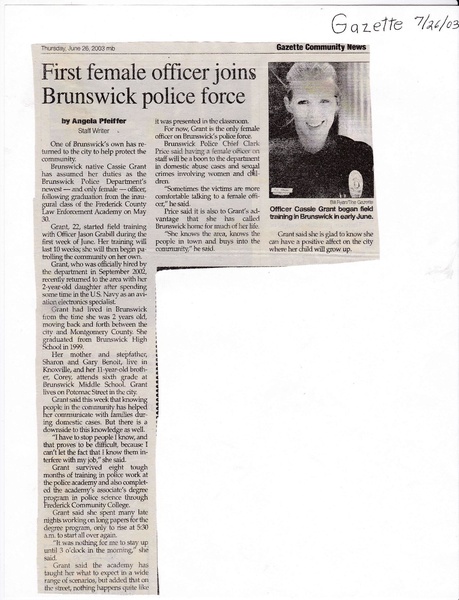 File:Officer Cassie Grant, Joins Police Department from The Gazette, July 26, 2003.pdf