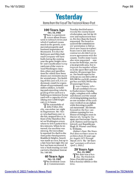 File:Rumor to build freight transfer and hump yard east of town in 1922, The Frederick News-Post historical reprint, October 13, 1922.pdf