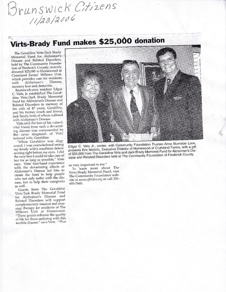 File:Gearldine Virts-Jack Brady donate $25K from The Brunswick Citizen, November 23, 2006.pdf
