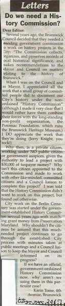 File:History Commission, Karin Tome letter to the editor, The Bunswick Citizen November 23, 2017.jpg