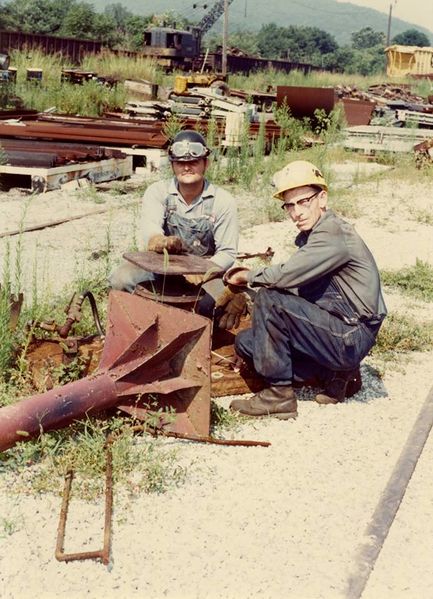 File:Denny Gosnell and Charlie Clemens working on the railroad cutting metal in Brunswick in the mid-1970s..jpg
