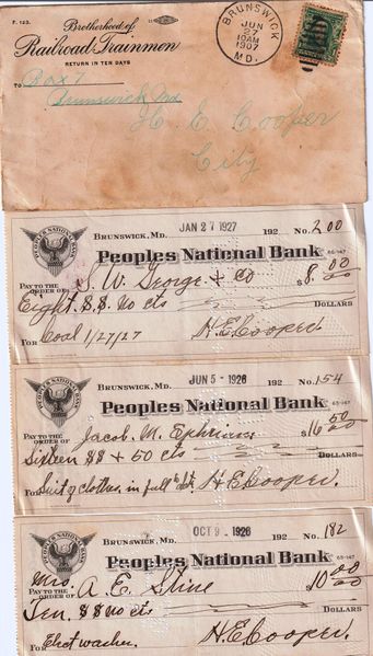 File:Brotherhood of Railroad Trainmen Envelope and Cancelled Checks for H.E. Cooper.jpg